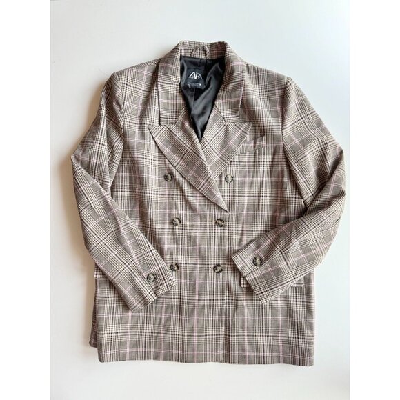 ZARA Brown Pink Check Double Breasted Oversized Blazer Suit Jacket, Size M - Picture 5 of 16